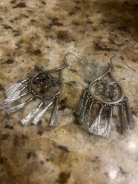 Silver Tassel Teardrop Earrings with Light Blue Beads - Women's Jewelry
